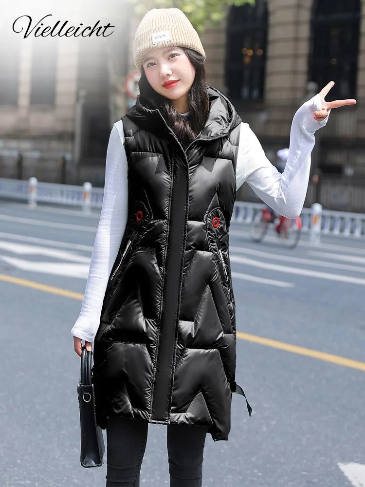 

Winter Long Vest Women's Solid Hooded Padded Ladies Casual Sleeveless Waistcoat Jacket Warm Quilted Vest for Female