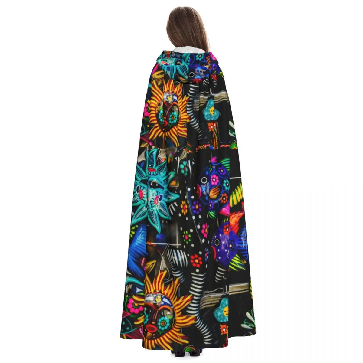 Mexican Sun Face Fish Blue Turquoise Oaxaca Juarez Mexico Hooded Cloak Polyester Unisex Witch Cape Costume Accessory