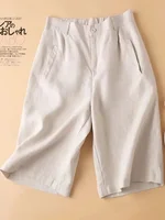 High Waist COTTON Linen Women's Shorts Loose Casual Solid Women's Summer Shorts Basic Black Coffee Semi-elasticated Waist Shorts - Image 6