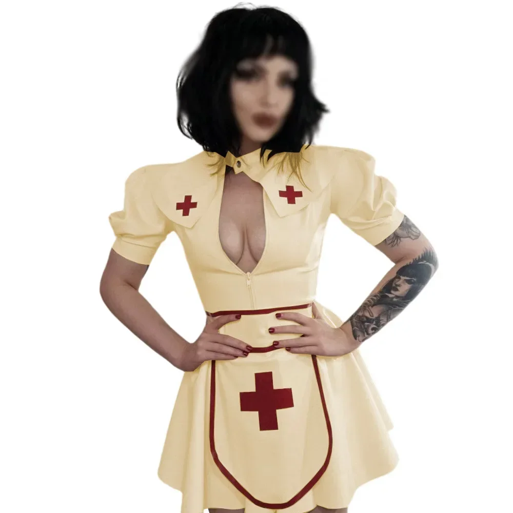 Fetish Nurse Uniform Sexy Costume PVC Nurse Puff Sleeve Dress Cosplay Faux Latex Short Sleeve Mini Dress Apron Cape Sets Party