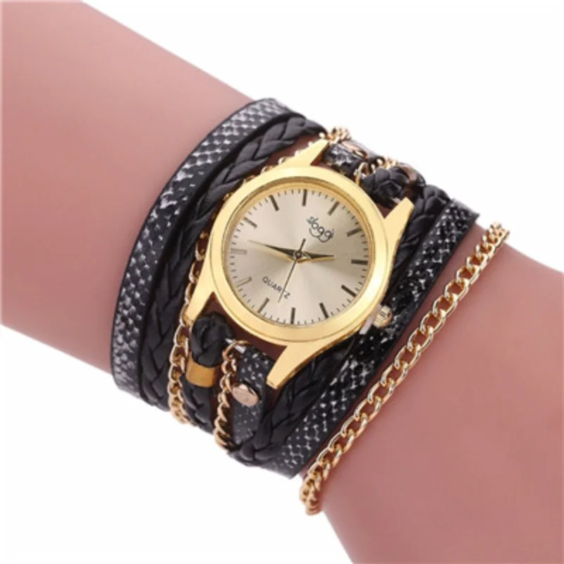 

Quartz Watches Women Gold Bracelet Wristwatch Ladies Dress Woven Snake Gold Band Multi Layers Leather Strap Female Watch