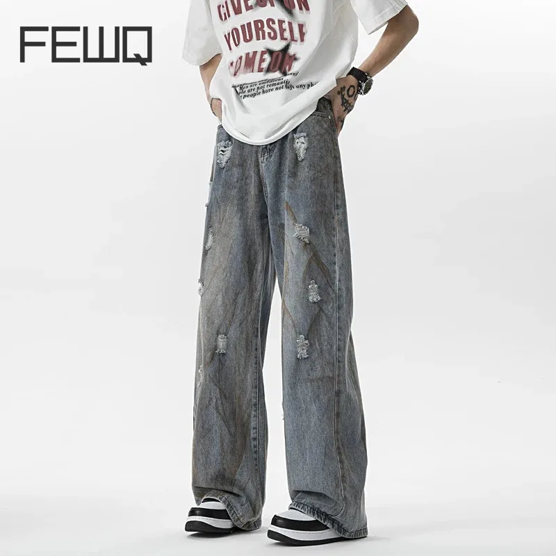 

FEWQ 2024 Summer New Men's Jeans Worn Out Tie Dyed Dirty Denim Pants High Street Contrast Color Male Clothing Trend 24X9027