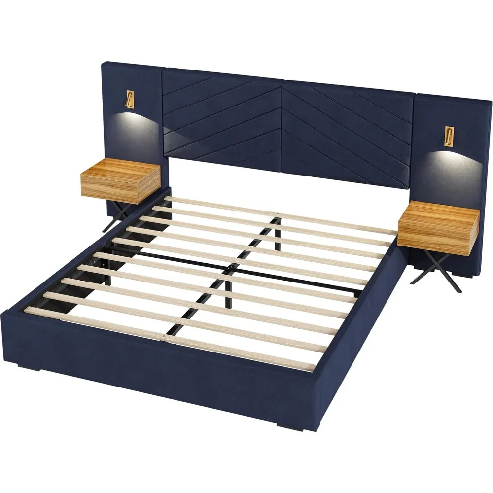 Bed Frame with Built-in Gold LED Lights and Nightstands, King Size Platform Bed with Oversize Upholstered Headboard, No Box