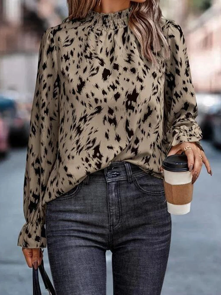 

Autumn Blouse Women Vintage Long Sleeve Shirt Female Elegant Zebra Print Half High Collar Blouses Fashion Office Ladies Top