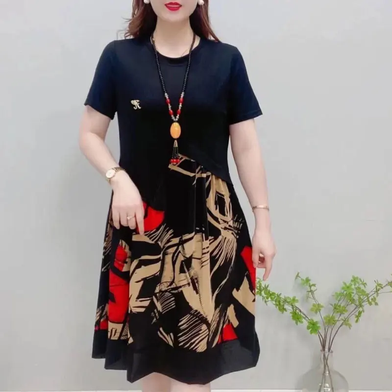 

Fashion Asymmetrical Spliced Dresses Female Clothing Vintage Geometric Printed Fake Two Pieces Summer Casual O-Neck Midi Dress