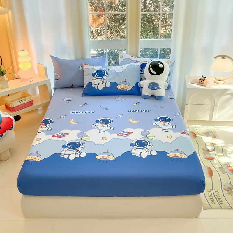 Cartoon Astronaut Printed Fitted Sheet Set with Elastic Band Soft Cotton Mattress Cover Anti-slip Bed Covers 3Pcs Bedding Set 1