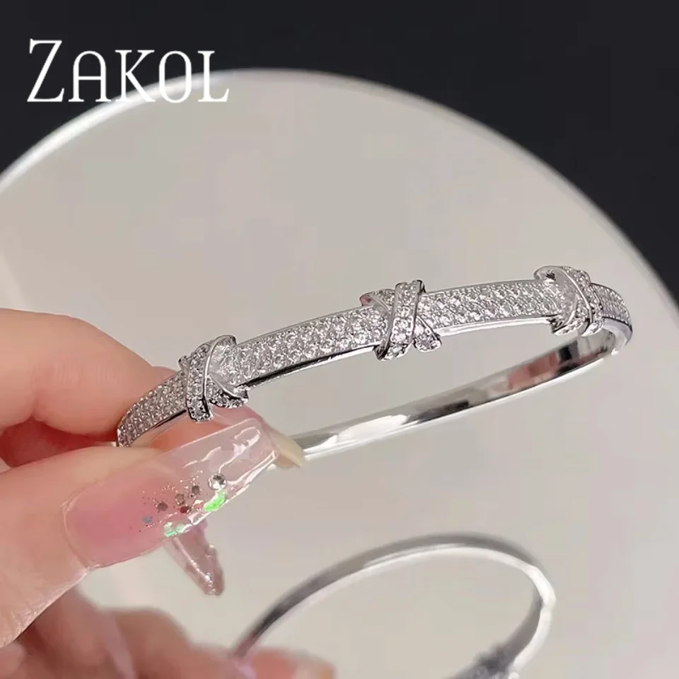 ZAKOL Crystal CZ Zircon Cross X-shaped Bangle for Women New Trendy