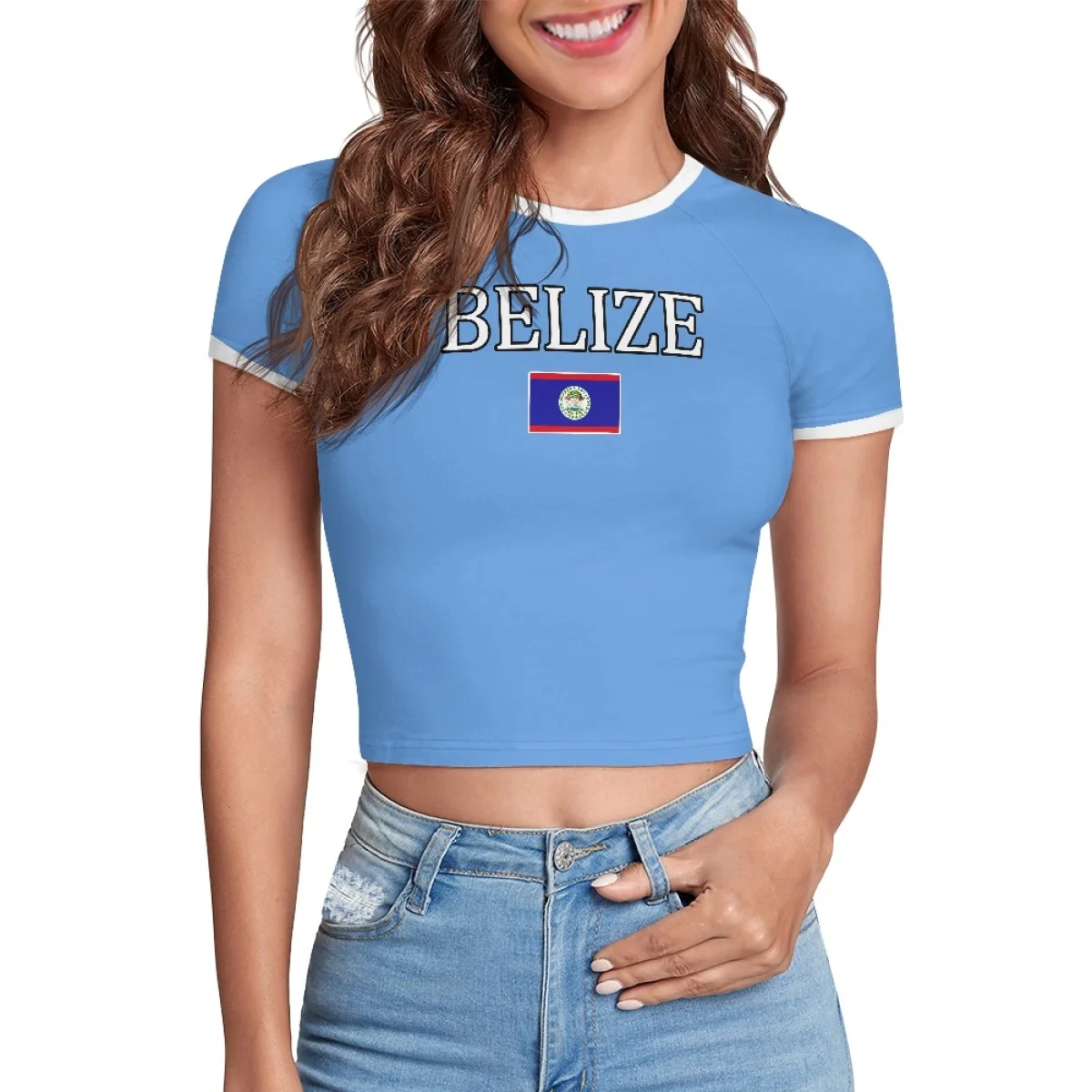 Y2K Crew Neck Ladies Caribbean T Shirts Crop Top Patriotic Fashion Cropped TShirt Tops Custom Belize Flag Color Letters Tee 2