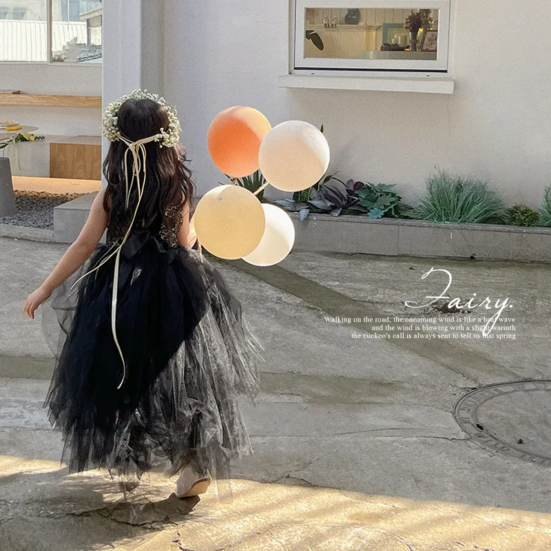 

Children Shirt 2023 Girls' Spring Clothes Princess Dress Black Puffy Birthday Dress Gauze Dress Korean Style Girls' Dress