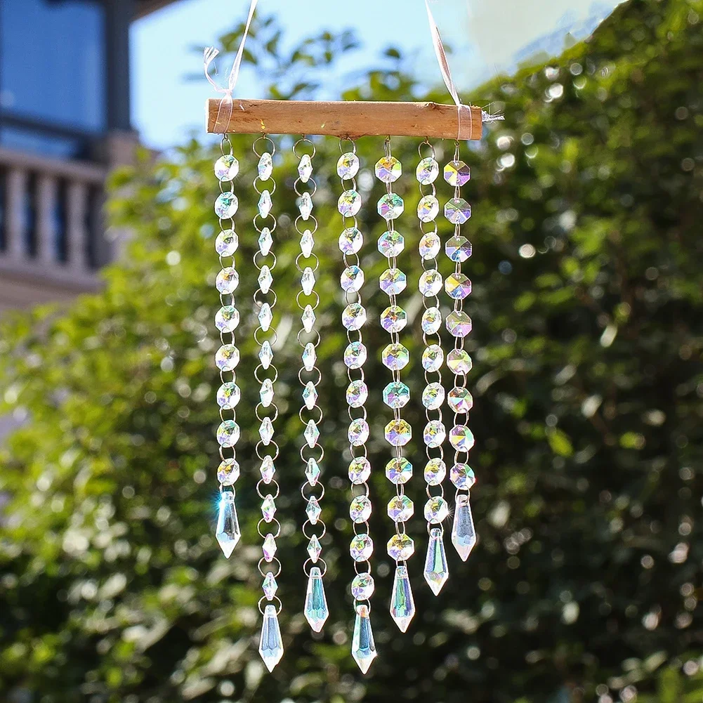Hanging Crystal Prism Suncatcher Illusion Rainbow Maker Glass Icicle Beads Chain Pendant Wind Chimes Window Garden Decoration