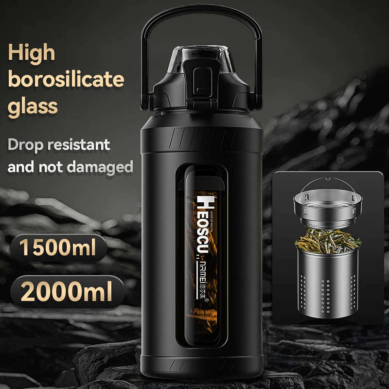 

2L Glass Water Bottle with Sleeve , Sport Water Bottles Outdoor Travel Portable Leakproof Drinkware Tea Glass Bottle With Infuse