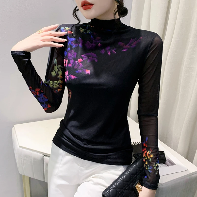 Faionable High Collar Me Base irt Long Sve Women's T-irt Print Street Sle Slim Fit Winter Plant Floral Mom Top