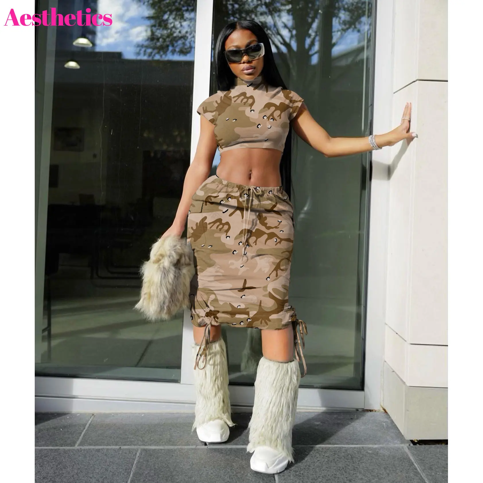 

Camouflage Women's 2 Piece Set Turtleneck Short Sleeve Crop Top and Mid-calf Pockets Drawstring Skirt Sets Casual Streetwear