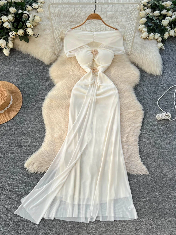 SINGREINY robes de soirée de mariage romantique rubans bouton en métal épaules dénudées sans bretelles mince femmes vacances d'été maille robe Maxi