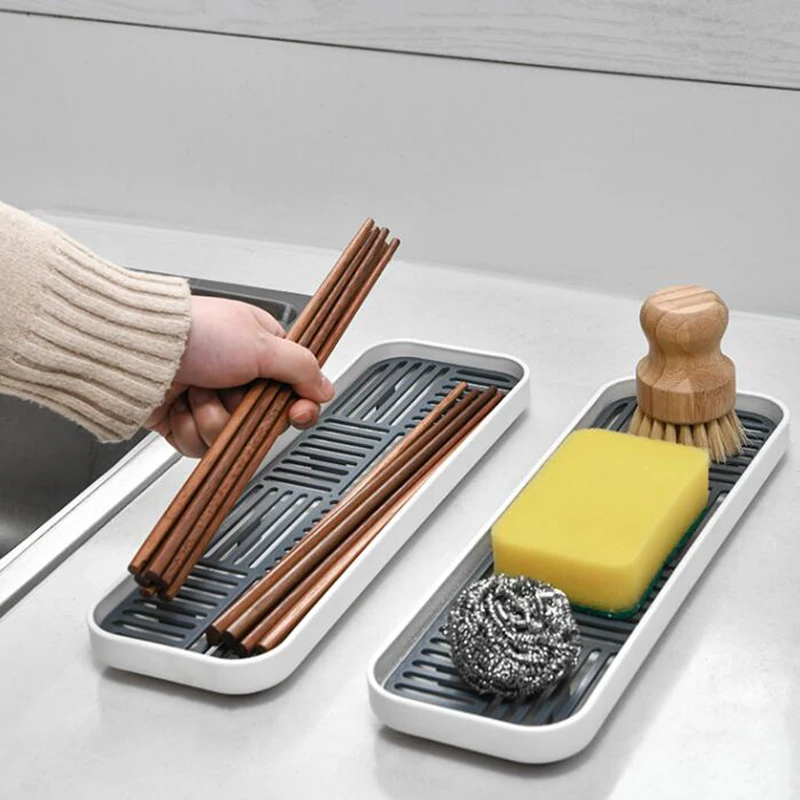 Kitchen Tray Storage Tray Bamboo Organizer Tray Soap Dispenser Tray Sink Soap Storage Rack Sponge Holder Cup Tableware Drain Tray Dish Washing Scrubber Kitchen Storage Trays Home Organizer