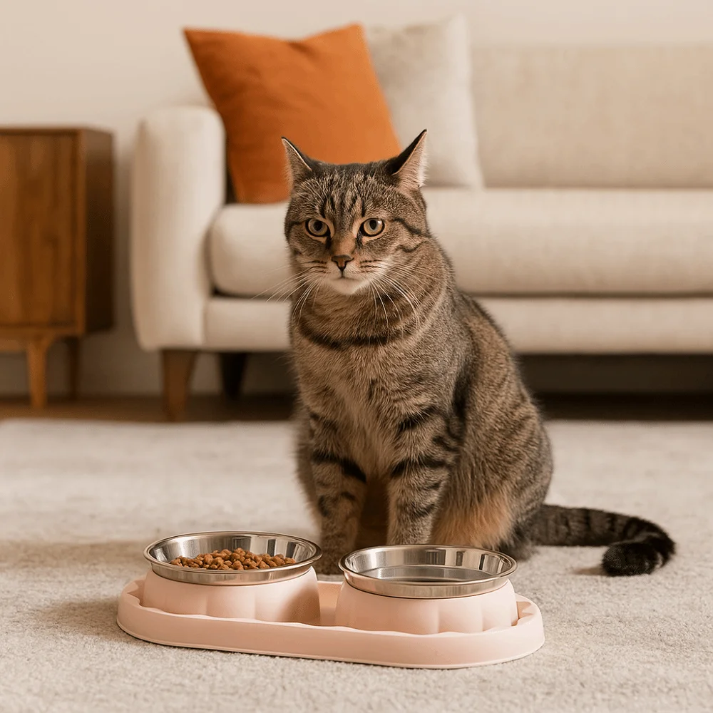 Simple Stainless Steel Double Pet Bowl Anti Topple Leakproof Pet Food Bowl Anti-slip Pet Dog Feeder Home