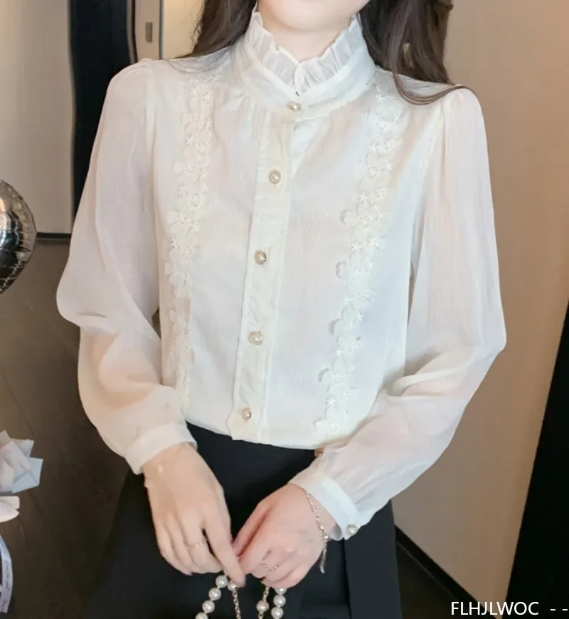 White Lace Flower Ruffles Tops Women Korean Style Design Long