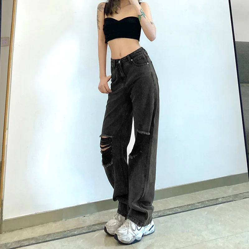 Retro Goth Hole Denim Pants Women 