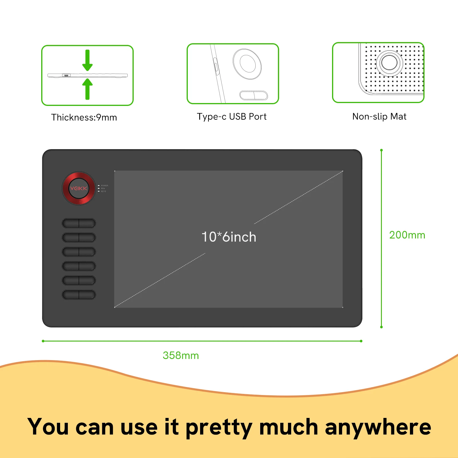 Tablet Gráfico Veikk A15 para Desenho 10 Polegadas Tilt Android Windows Mac 12 Teclas de Atalho Stylus sem Bateria 8192 Níveis - Imagem 2