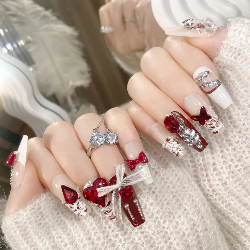 Stunning 24pc Luxury Red Diamond Press On Nails | 3D Gold Bow & Pearl
