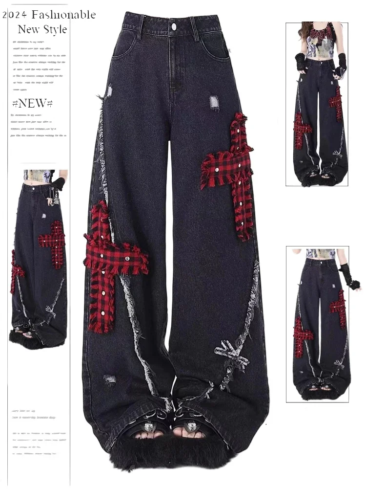 パンツ 2000s edwin western buggy pants y2k Women's Black Gothic Baggy Y2k Jeans Vintage Streetwear