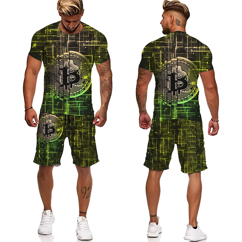 oversized 3xl 2xl geometry patterned 3d full print summer slim bodycon men t shirt hip hop cool fashion short sleeve streetwear Summer Bitcoin 3D Print Men's Suit Breathable Short Sleeve +Oversized Tracksuits Men Clothes Streetwear  Shorts Sportswear Set