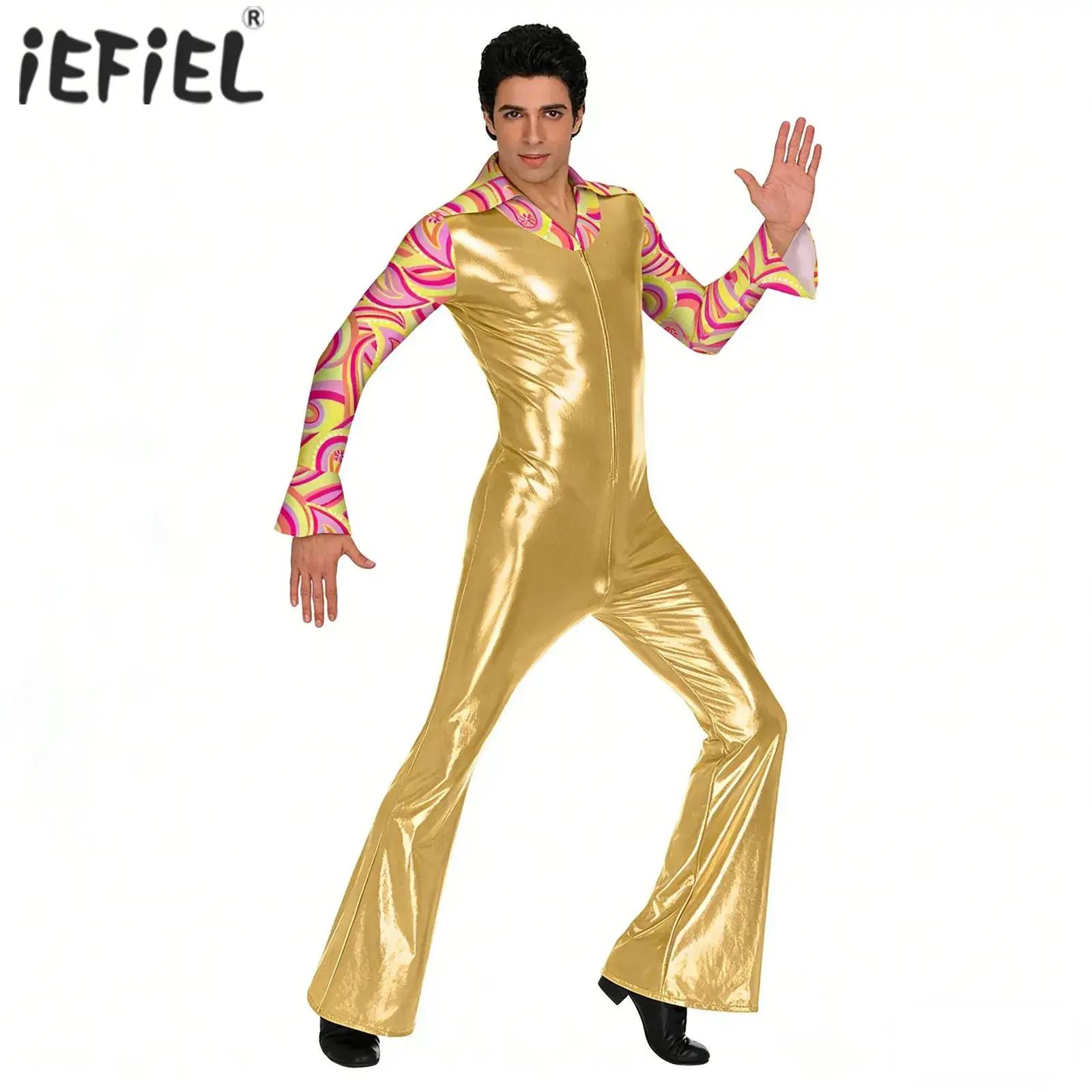 Mens Hippie Jazz Dance Performance Costumes 80s Disco Cosplay Outfits Flare with Split Cuffs Bell Bottom Pants Jumpsuit Rompers