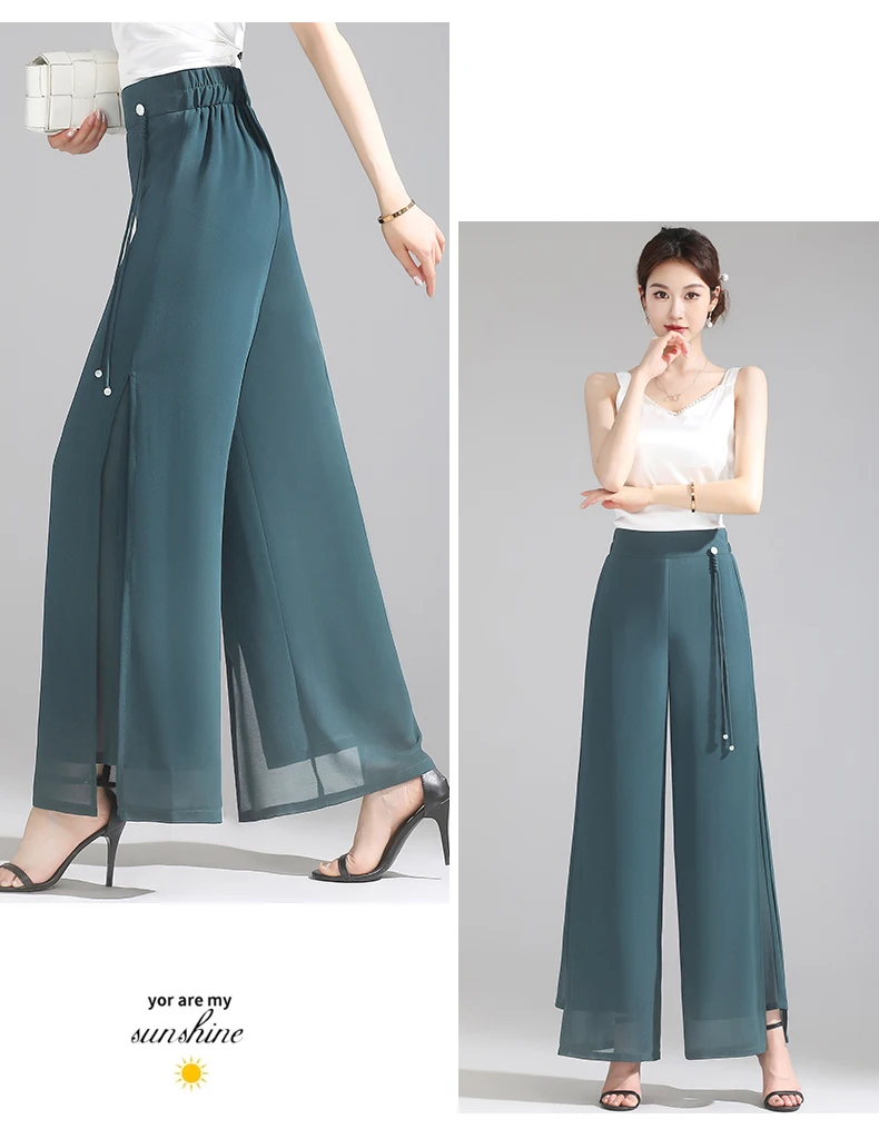 ZUZK Double Layer Chiffon Pants Fashion Slit Chiffon Pants Spring Summer Comfortable Elastic Waist Slim Chic Droop Pants