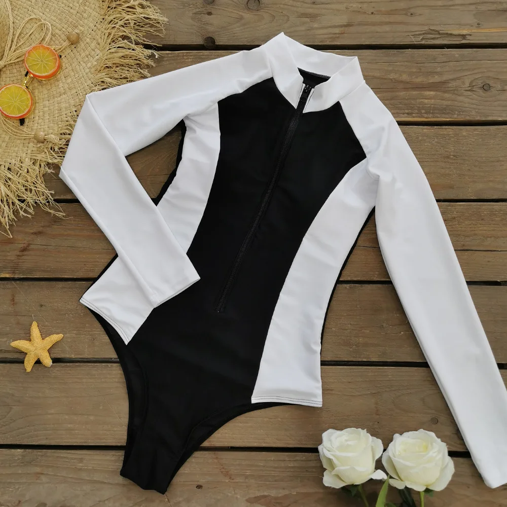 2023 New Matching Zipper Long-sleeved Surf Suit Triangle One-piece Swimsuit for Women Swimwear and Trousers Set Beachwear