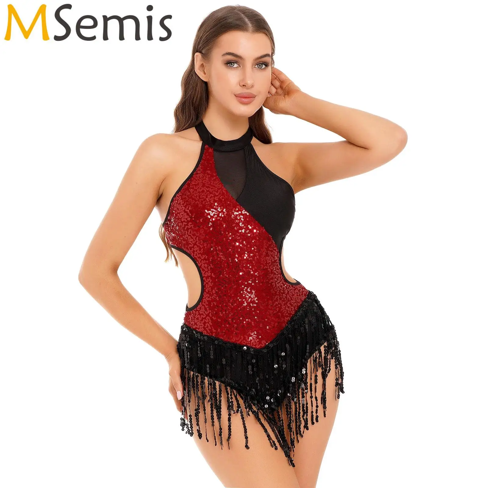 

Shiny Sequin Leotards for Women One Piece Tassel Fringe Bodysuit Sparkling Sequin Latin Cha-Cha Jazz Dance Performance Costume