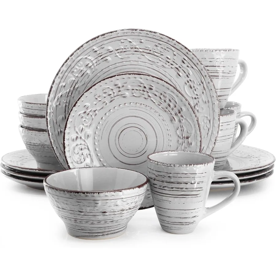 Malibu Calcite 16Piece Stoneware Embossed Pattern Reactive Glaze Light Gray Dinnerware Set for Home Dining Tables Elegant Serve 1
