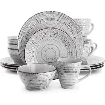 Malibu Calcite 16Piece Stoneware Embossed Pattern Reactive Glaze Light Gray Dinnerware Set for Home Dining Tables Elegant Serve 1