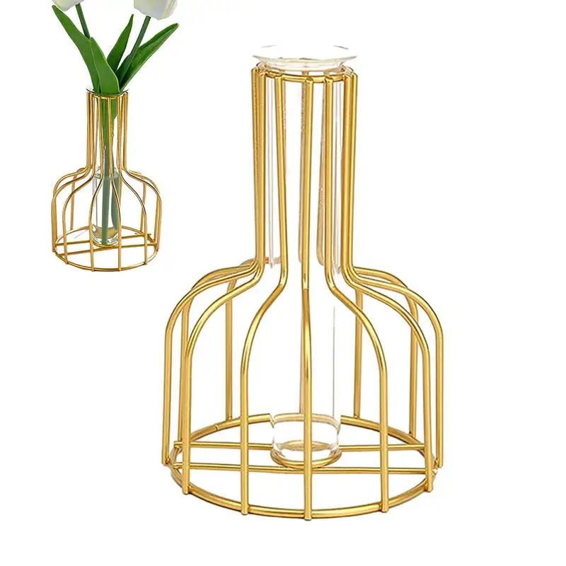 

Gold Wrought Iron Metal Vase Creative Glass Vases For Flowers Table Flower Stand Vases Valentine Party Desktop Decoration gift