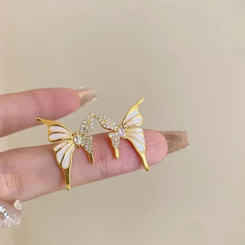 Korean Elegant Butterfly Stud Earrings for Women Light Luxury Shiny Zircon Flower Versatile Earring Party Jewelry Gifts