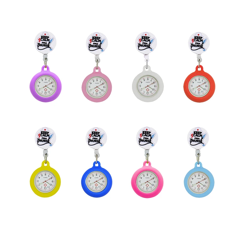 

YiJia Keep Calm Word Nurse Pocket Watch Retractable Badge Reel Medical Cute Reloj with Silicone Case