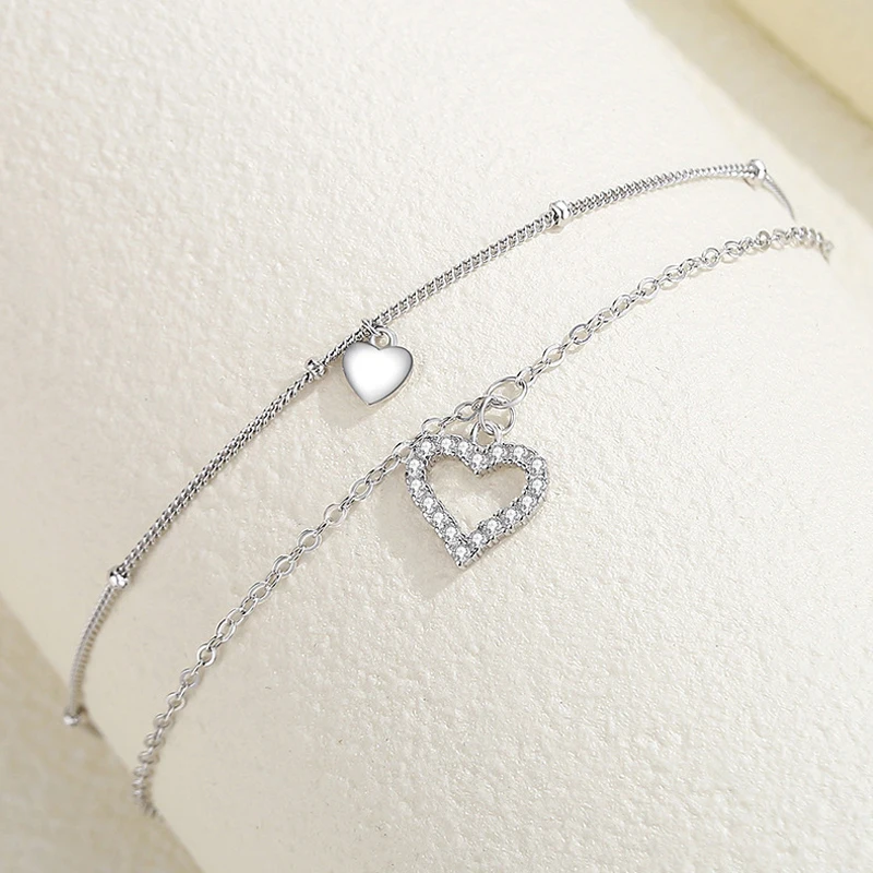 새로운 패션 하트 라인 석 CZ 펜던트 더블 레이어 Anklets 여성 쥬얼리 여름 지르콘 발 체인 팔찌