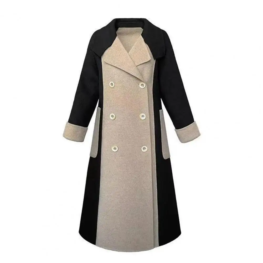 

Elegant Trendy Lapel Contrast Color Winter Overcoat Pockets Women Overcoat Double-breasted for Shopping