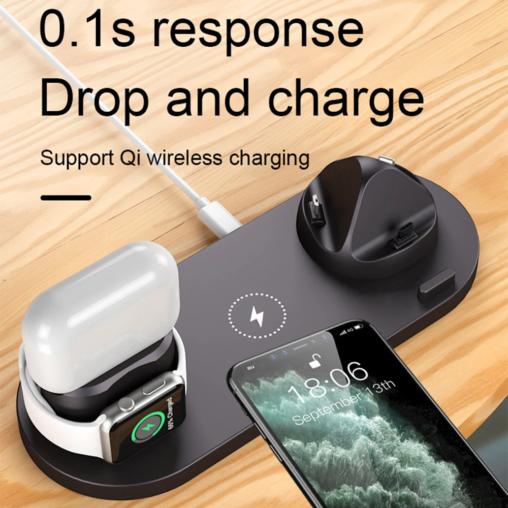 apple watch and phone charger New 6 in 1 Wireless Charger For Apple Watch 6 5 4 3 iPhone 12 11 X XS XR 8 Airpods Pro Samsung Xiaomi 10W Qi Fast Charging Stand samsung wireless charger trio