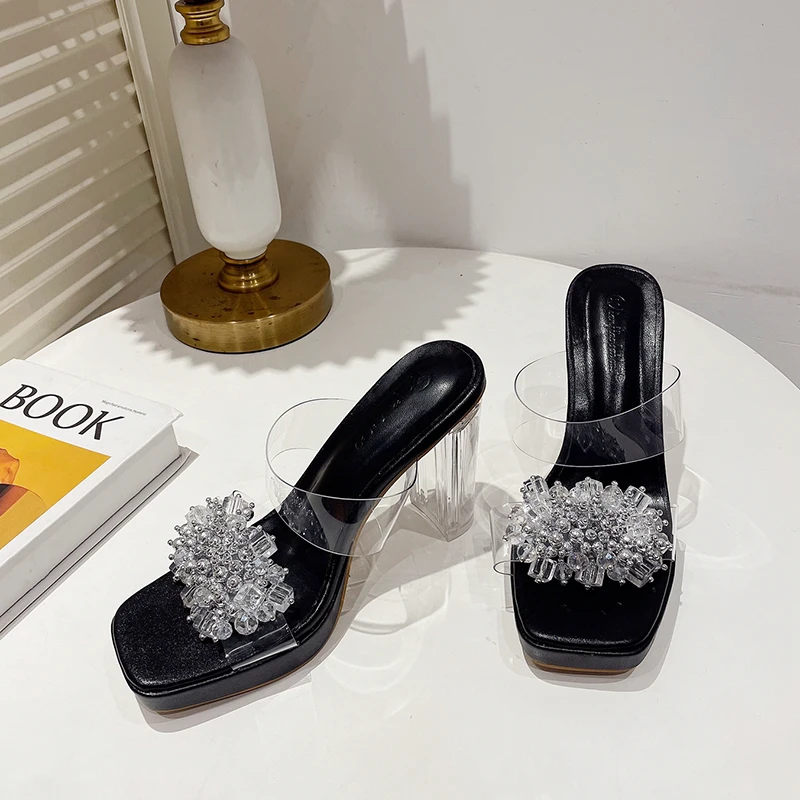 ZOOKERLIN Square Toe Platform Transparent PVC Rhinestone Flower Women's Slippers Sandals cCystal Thick High Heels Slip On Slides