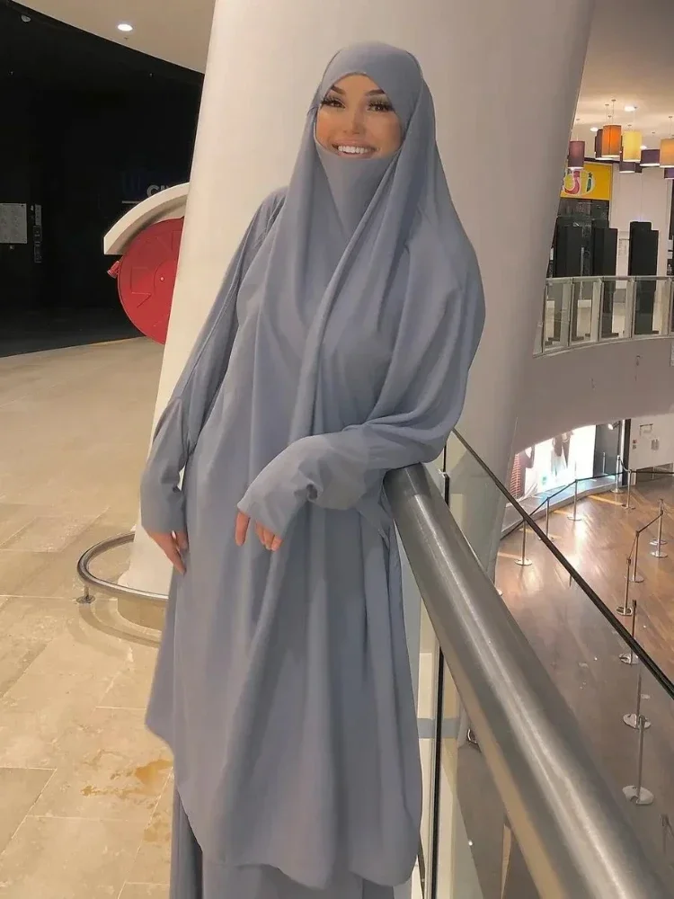 Ramadan Eid Jilbab 2 Piece Set Abaya Khimar Muslim Women Prayer Dress Long Hijab and Skirt Dubai Islamic Clothes Niqab Djellaba