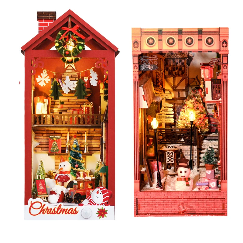 DIY Wooden Christmas Book Nook Shelf Insert Kit Miniature Building Kits Bookshelf With Lights Bookends for Adults Crafts Gifts 6