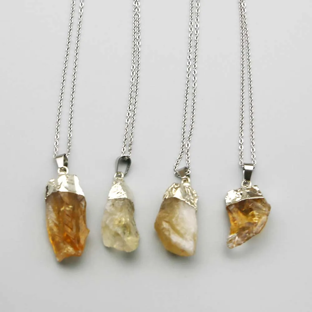 Natural Topaz Raw Ore Irregular Topaz Pendant Electroplated Wrapped Stainless Steel Necklace DIY Reiki Charm Jewelry Gift 4Pcs