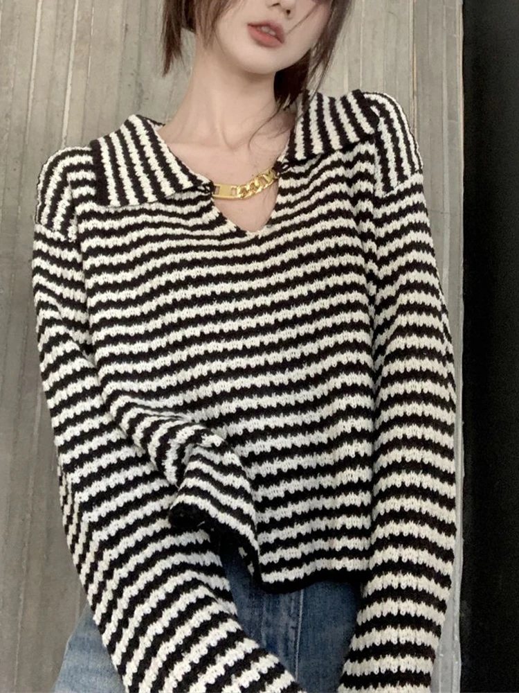

Spring Autumn Sweater Women Korean Fashion Black White Striped Knitwears Female Casual Loose Long Sleeve Chain Design Pullovers