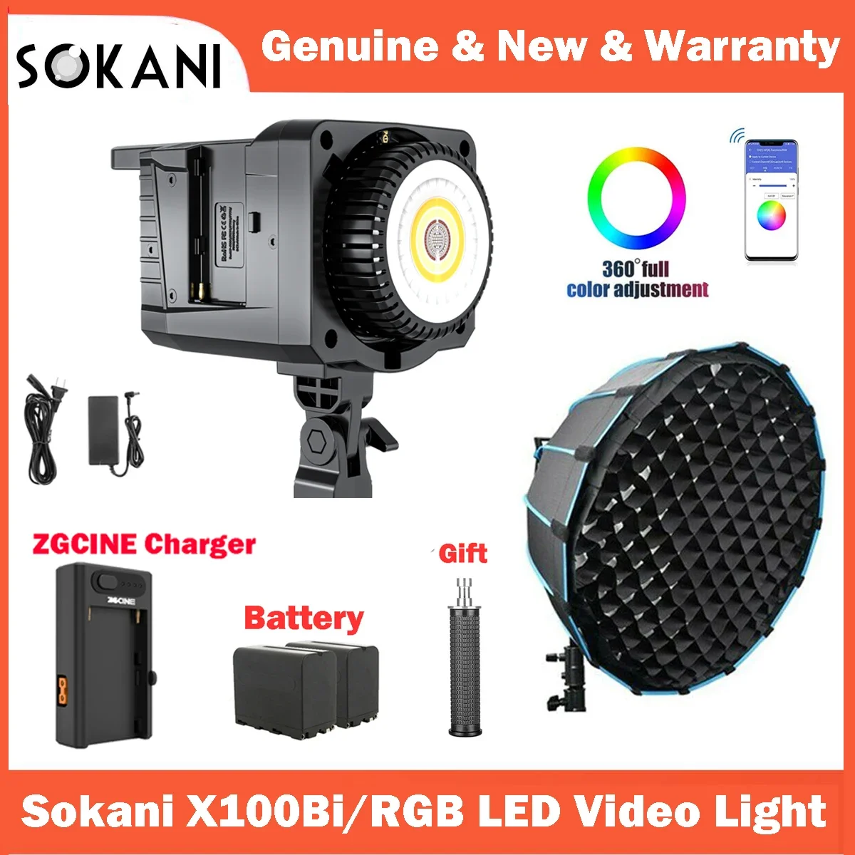 Sokani X100 RGB 바이 컬러 LED 비디오 라이트 앱, 사진 비디오 녹화 야외 촬영용 보웬스 마운트 조명, 100W