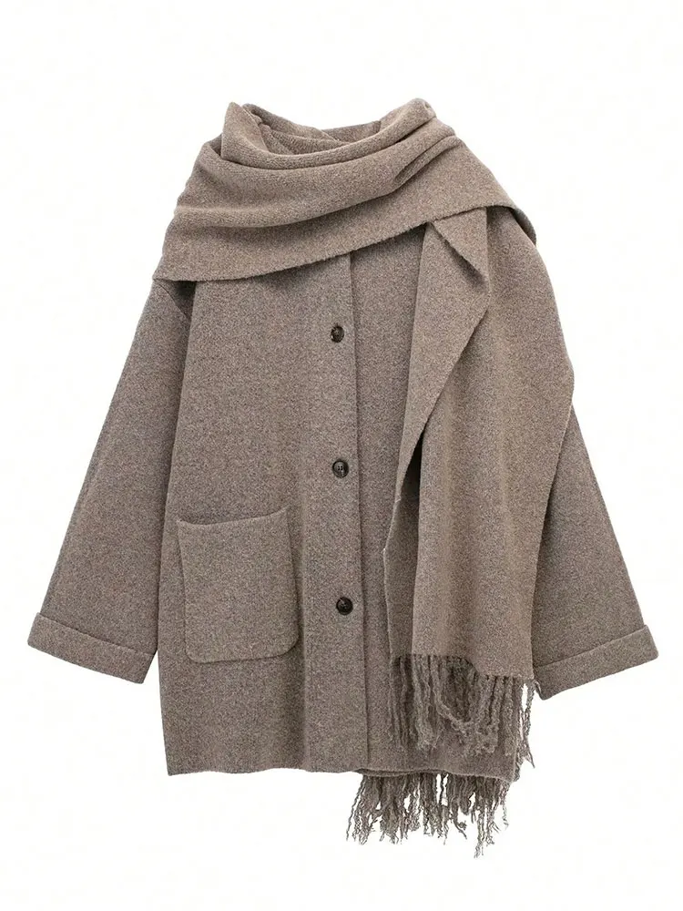 HH Women Knitted Cardigan Coats With Scarf Loose Casual Single Breasted Long Sleeve Jackets Autumn Woman Elegant Fashion Outwear