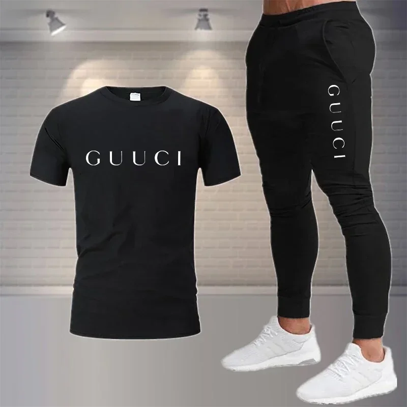 

Men Fashion Summer Casual Tracksuits T-Shirt+Pants Luxury Short Sleeve Sets Print Brand Jogging Cotton Shirts Sportswear Clothes