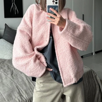 BKLD Casual Fashion Style Women's Pink Fleece Thick Warm Jackets Simple Elegant Stand Collar Long Sleeve Pockets Loose Fit Coats 1