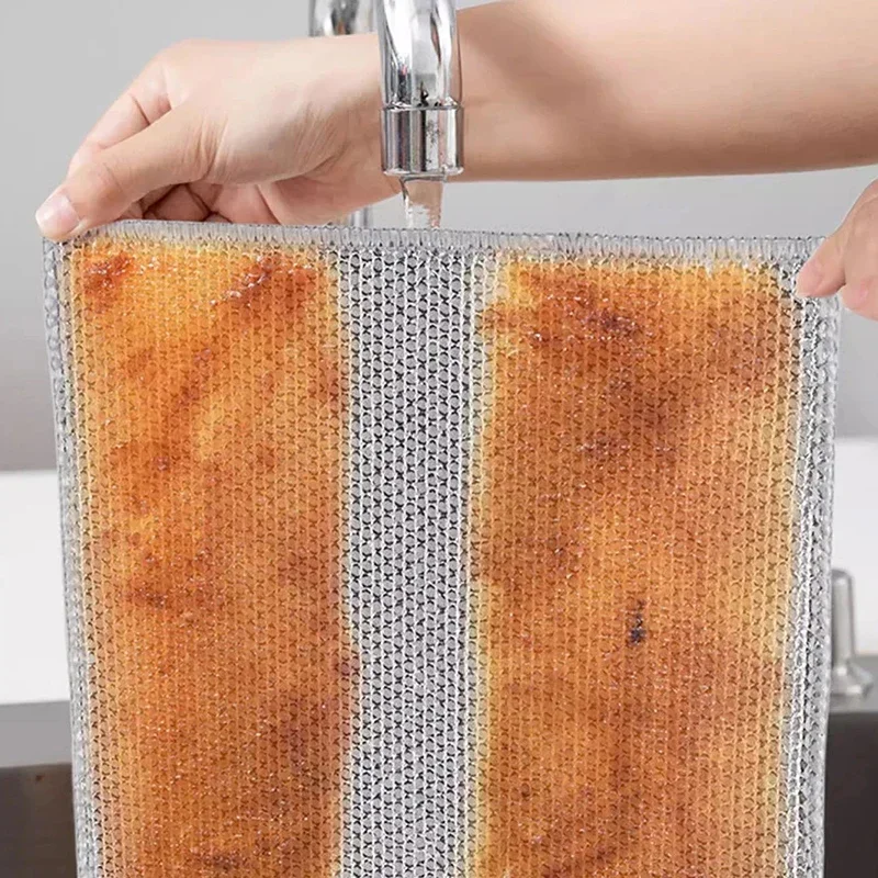 20cm Metal Wire Mesh Cleaning Cloths Double -layer Non -stick Oil Steel Wire Dishcloths Universal Sink Faucet Tea Stain Rags 4