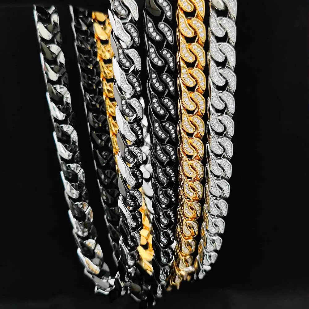 Hip Hop Jewelry Ice Out Cuban Link Chain For Men 18k Gold Plating Bling Full Diamond 12MM Stainless Steel Necklace No Fade