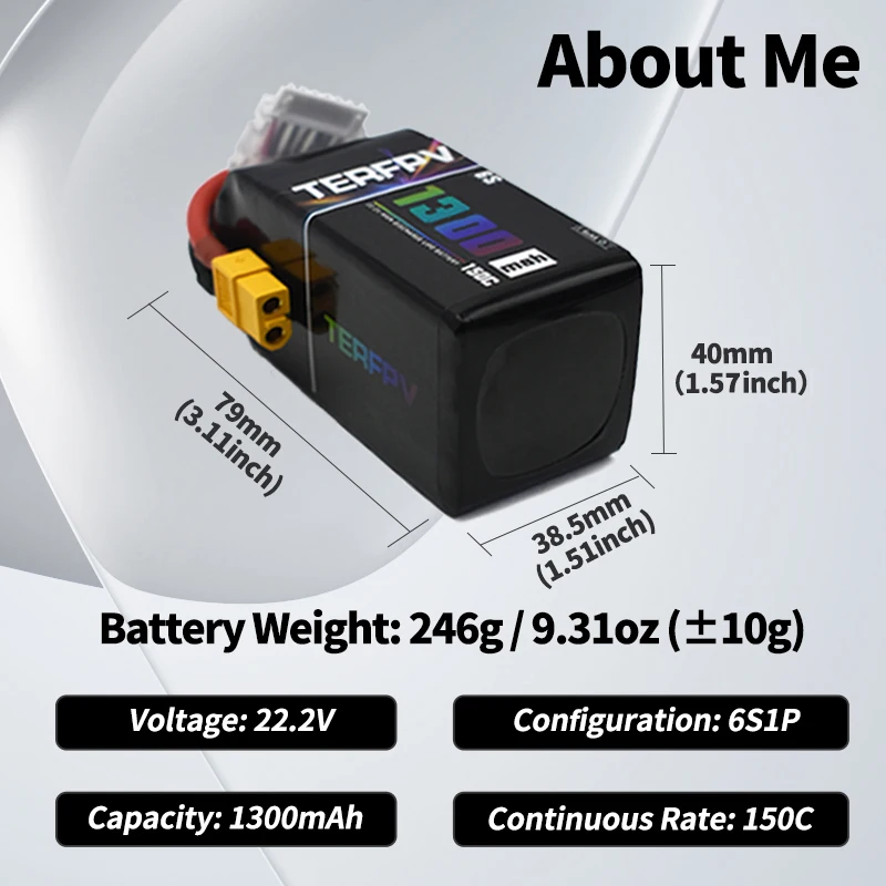 TERFPV Batterie Lipo 6S 22.2V 1300mAh 150C XT60 pour FPV Drone